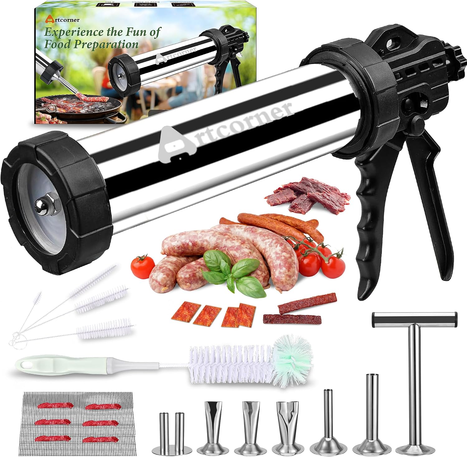 Professional Jerky Gun for Ground Meat | 2.5LB Capacity Jerky Maker Kit with 5 Attachments, 2 Brushes & Storage Net