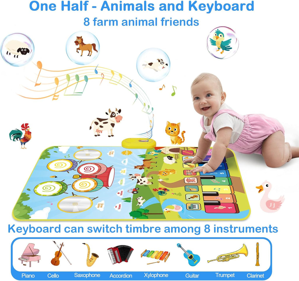 Musical Toys for Toddlers 1-3, Floor Piano Mat for Baby Boy Girl Gifts | 35”x27” 3-in-1 Drum Animal Music Play Mat