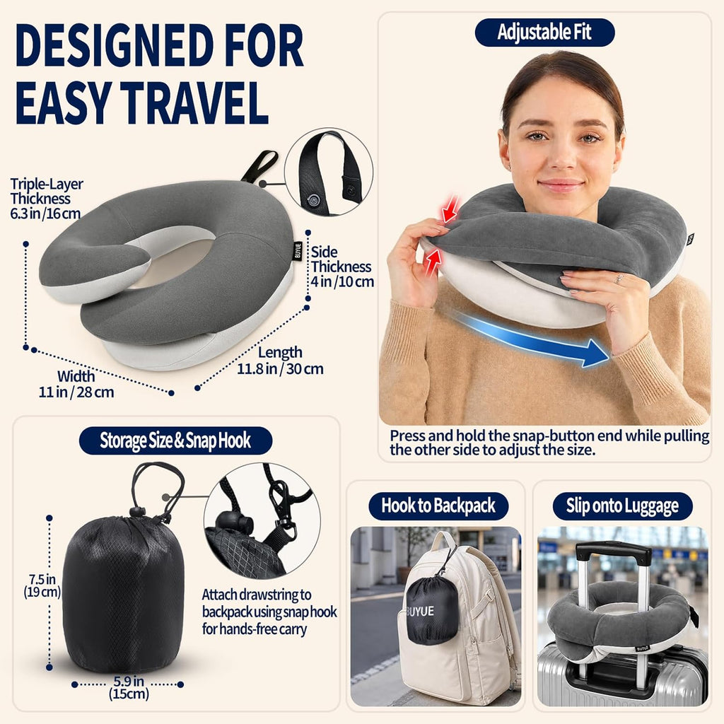 Travel Neck Pillows for Airplanes, Memory Foam 360° Head Support Sleep for Long Flight, Skin-Friendly & Breathable