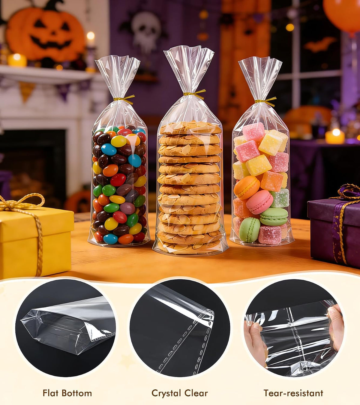 Flat Bottom Cellophane Bags with Twist Ties, 100 Pcs 5x3x12 Inches Cellophane Wrap for Gift Clear Cello Bags Flat