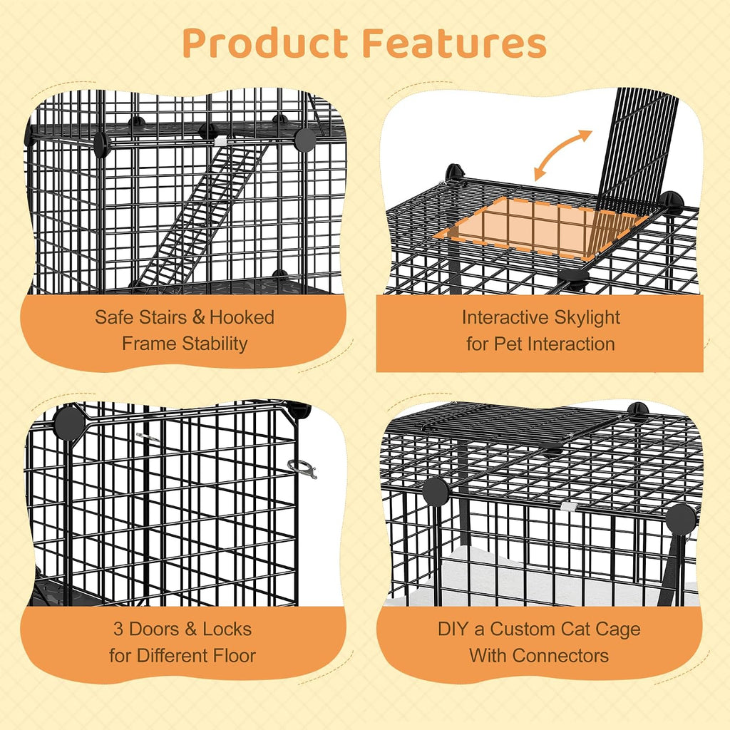 4-Tier Cat Cage Indoor Cat Enclosures DIY Cat Playpen Detachable Metal Wire Kennels with Extra Large Hammock for