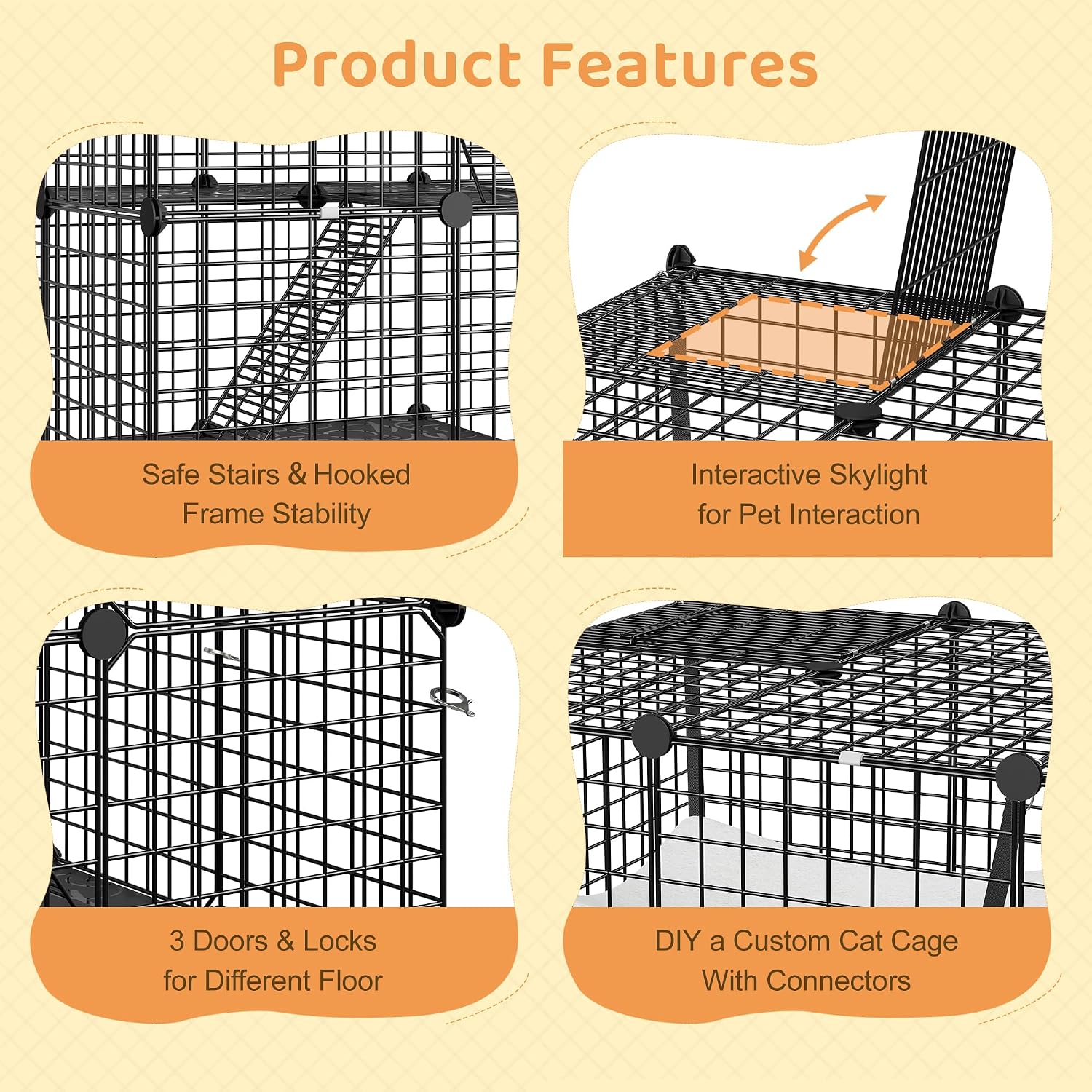 4-Tier Cat Cage Indoor Cat Enclosures DIY Cat Playpen Detachable Metal Wire Kennels with Extra Large Hammock for