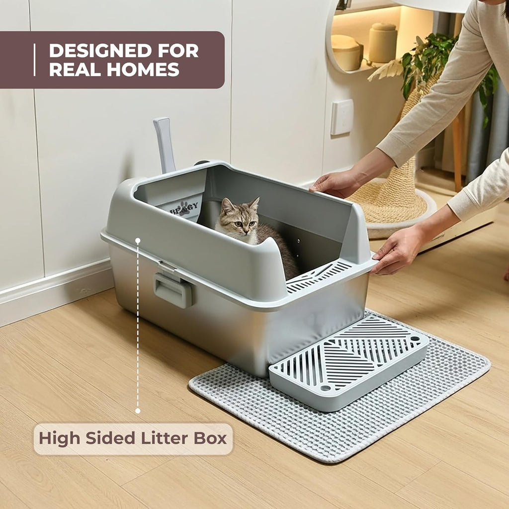 Stainless Steel Litter Box XL, Extra Large High Sided Litter Box with Handles for Big Cats, Anti-Urine Leakage Metal