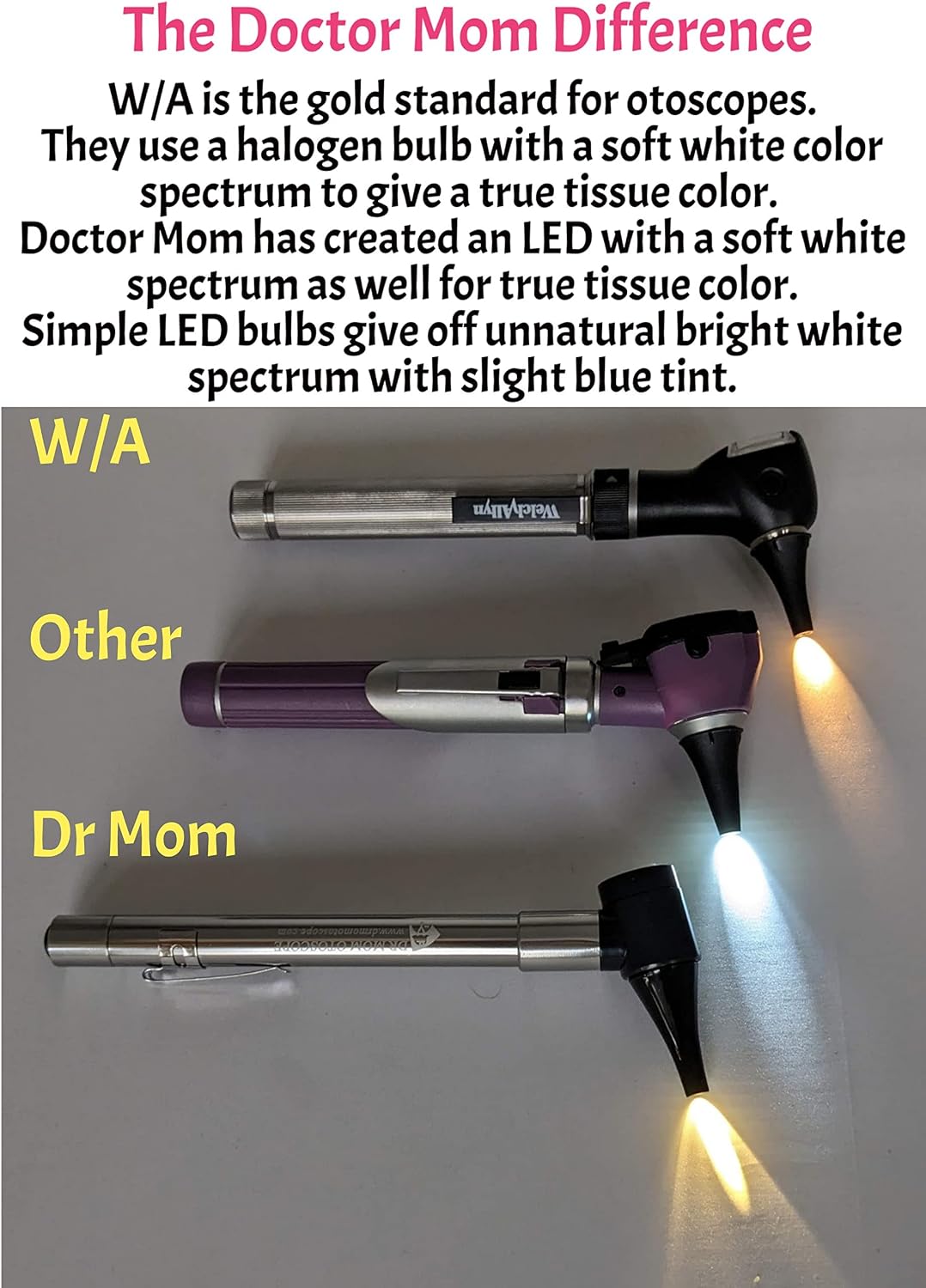 Third Generation Dr Mom Slimline Stainless LED Pocket Otoscope with Soft White Natural Hue Light Spectrum in