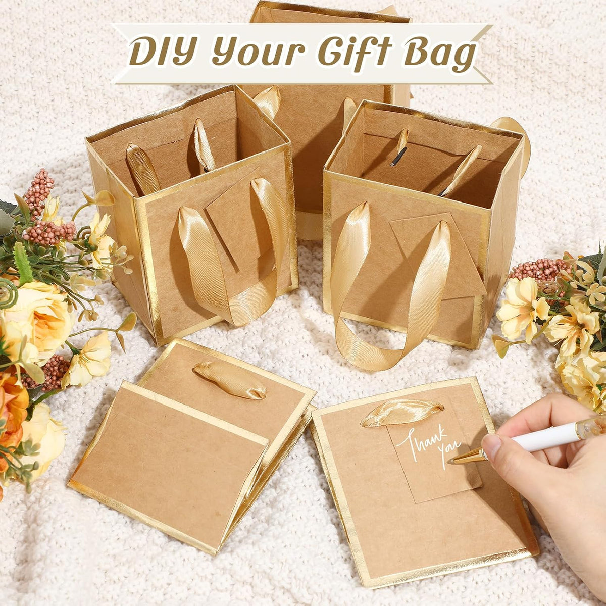 50 Pcs Mini Paper Gift Bags with Handles Tag, Kraft, Gold