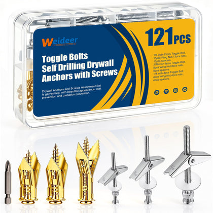 121 Pcs Toggle Bolts 1/8" 3/16" 1/4",Self Drilling Drywall Anchors with Screws Kit,Heavy Duty Metal Expansion