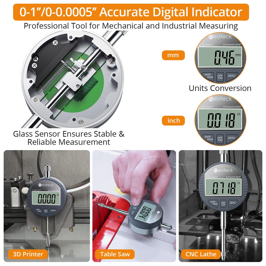 Neoteck 1"/25.4mm Digital Indicator Set with 90lbs(40kg) Magnetic Base