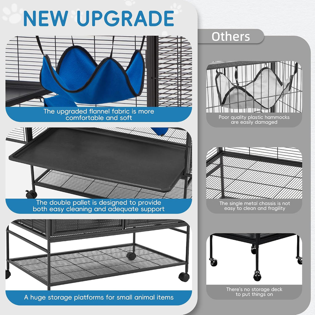 40''H Large Metal Rolling Ferrets Cage, 2-Tiers Small Animal Cages, Cage for Rats/Chinchillas, 0.5'' Bar Spacing for