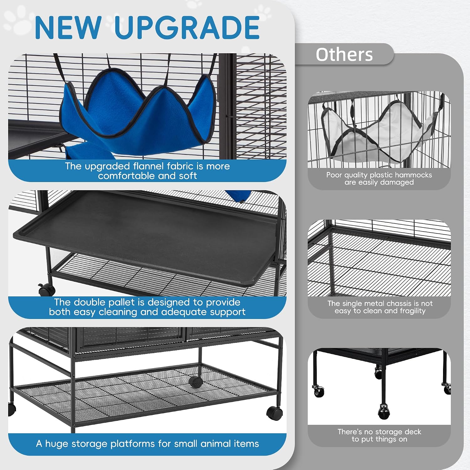 40''H Large Metal Rolling Ferrets Cage, 2-Tiers Small Animal Cages, Cage for Rats/Chinchillas, 0.5'' Bar Spacing for