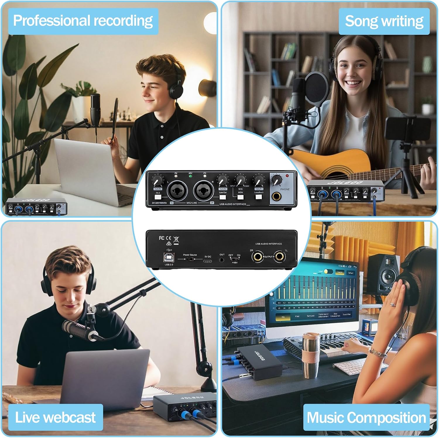 2x2 USB Audio Interface, 24-Bit/192kHz Phantom Power Recording Card | 24-Bit/192kHz Studio Quality, +48V Phantom