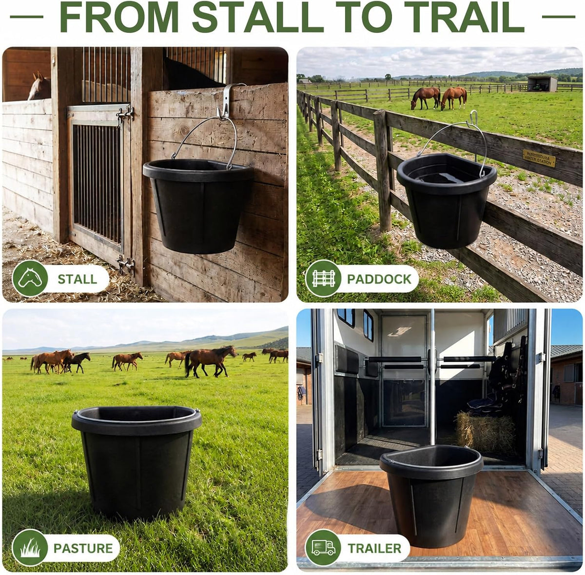 4 Pcs Rubber Horse Feed Bucket Hanging, 18 Quart 4.5 Gallon