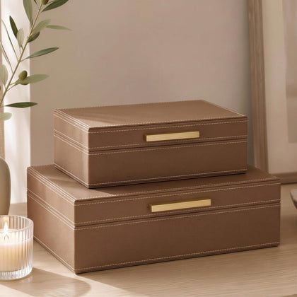Decorative Storage Boxes with Lids - Set of 2 PU Leather Organizer Bins
