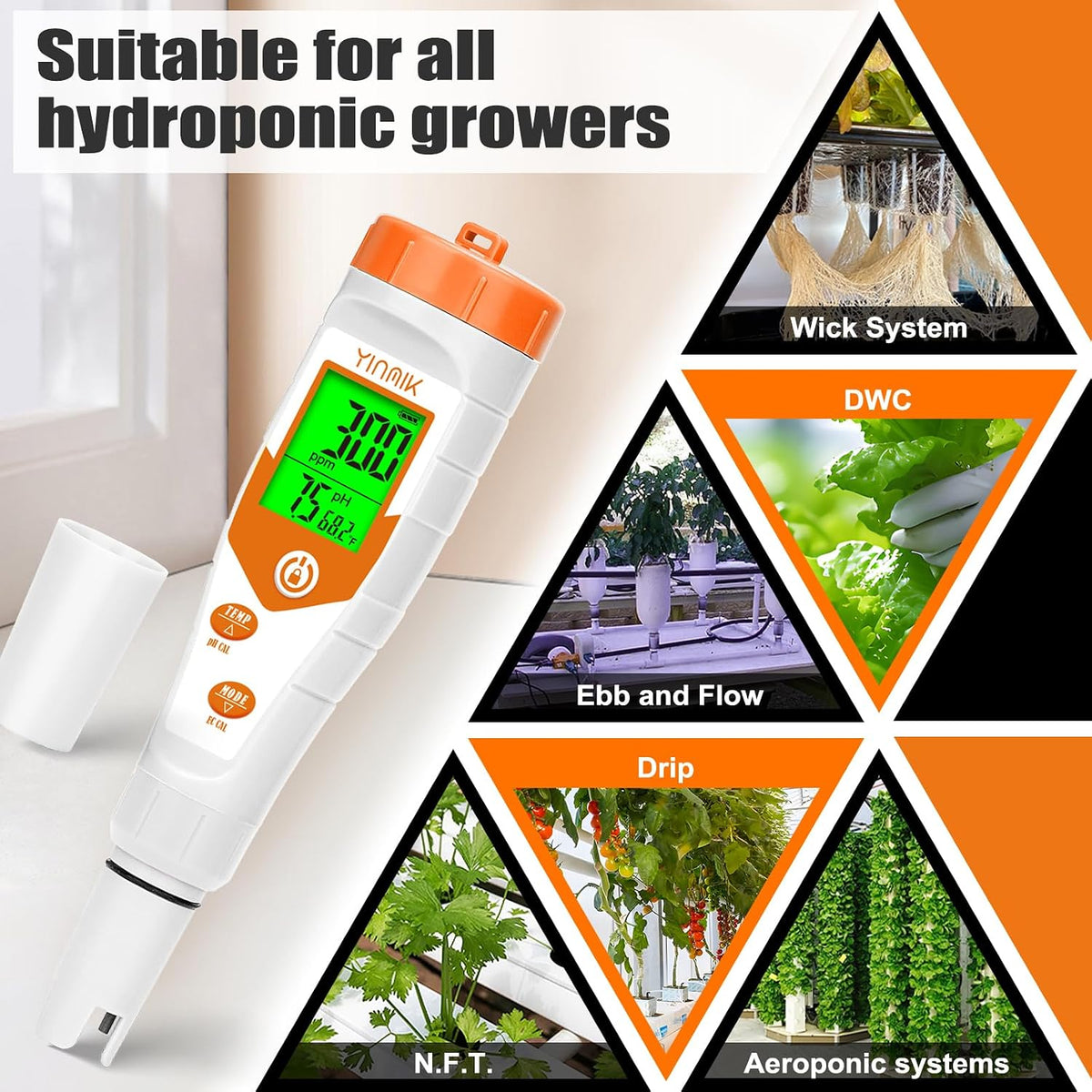 YINMIK pH Meter for Hydroponics, 4 in 1 PPM EC Meter for Plant Nutrients