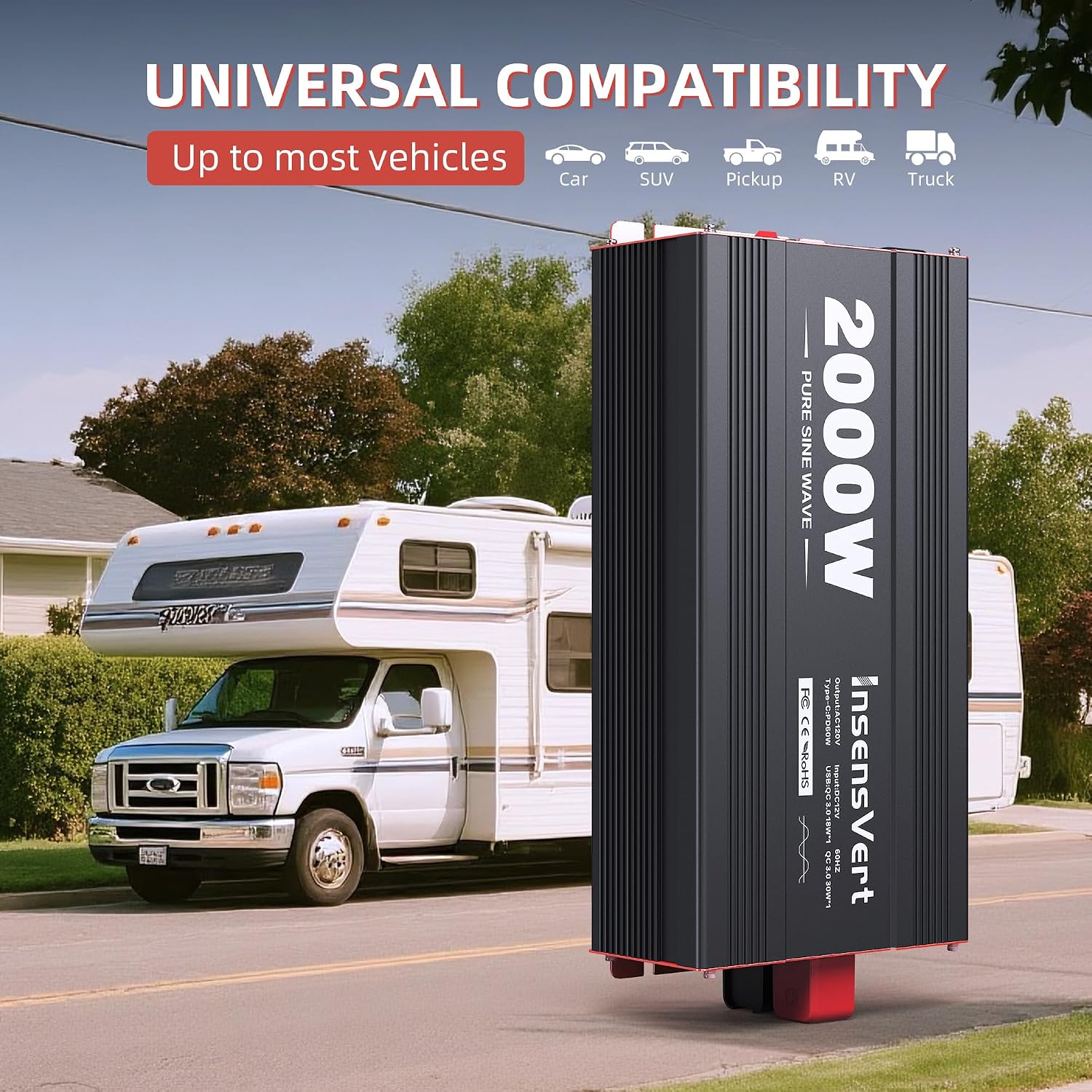 2000 Watt Pure Sine Wave Power Inverter DC 12V to 120V AC, with 2 AC,18W USB, and 30W Type-C Charging Ports, Car