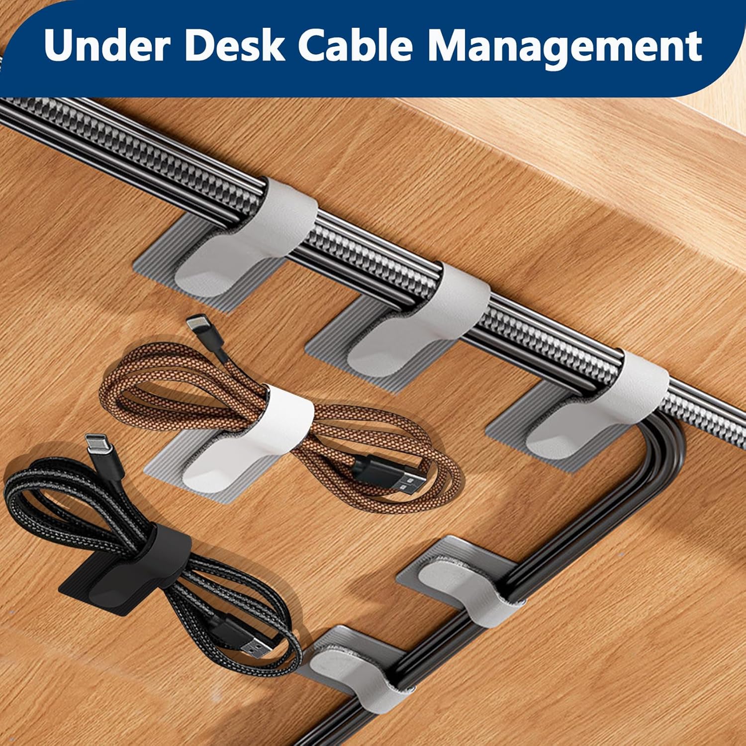 50 PCS Hook and Loop Cable Ties, Under Desk Cable Management, Self Adhesive Cable Clips Straps, Sticky-Back Cord