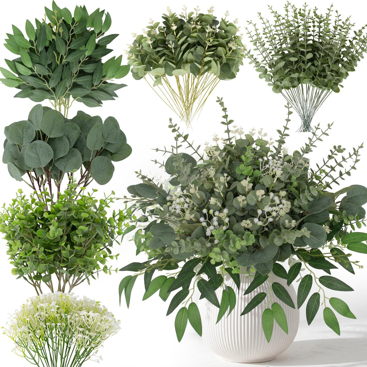135 Pcs Mixed Eucalyptus Leaves Stems Artificial Greenery Bulk