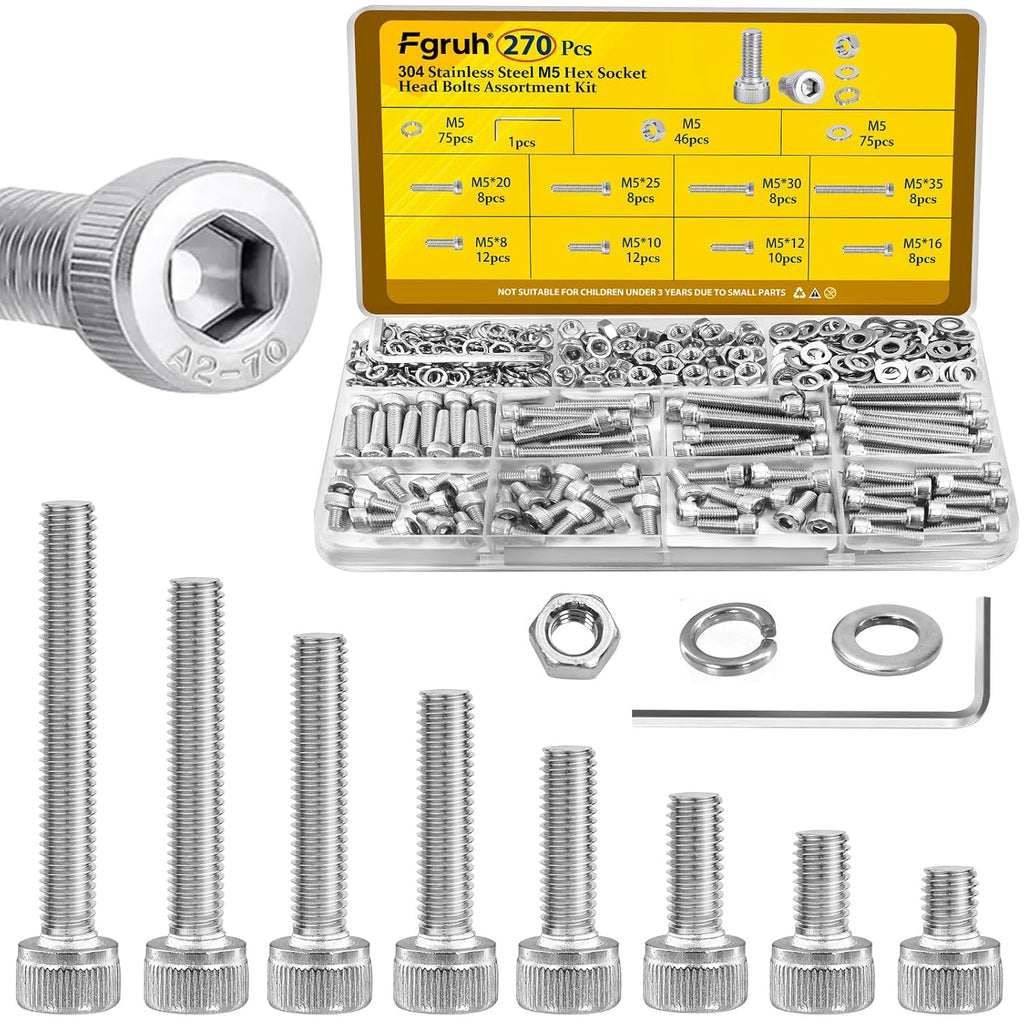 270PCS M5 Socket Screws Assortment Kit, M5x6/8/10/12/16/20/25/30 mm