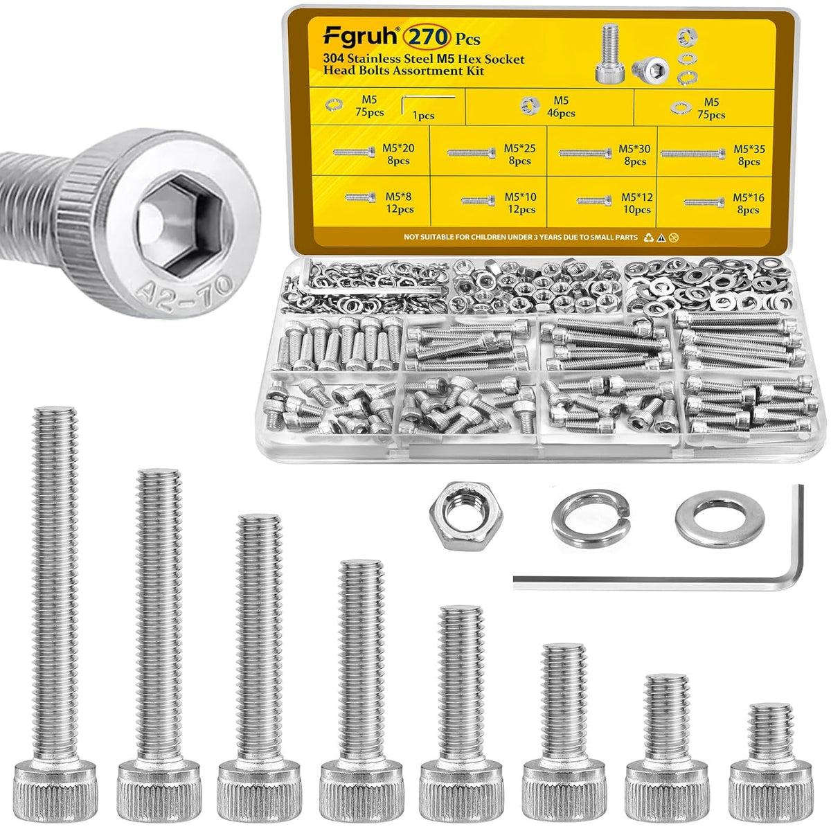 270PCS M5 Socket Screws Assortment Kit, M5x6/8/10/12/16/20/25/30 mm