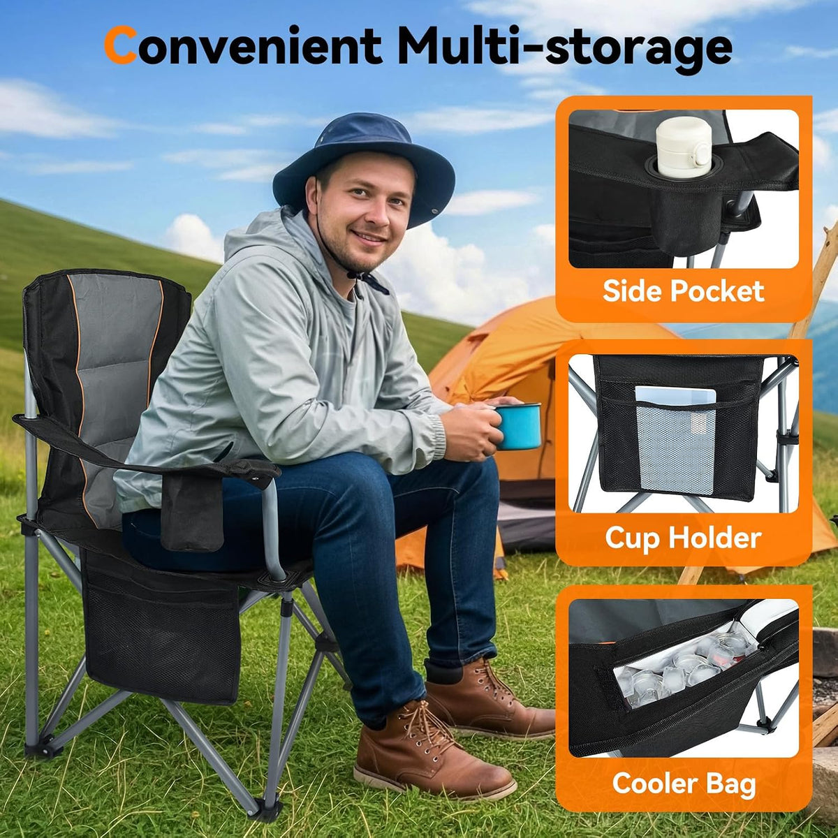 Camping Chairs, 2 Pack Oversized Heavy Duty Fully Padded Folding Chairs | with Cup Holder, Cooler Bag and Side