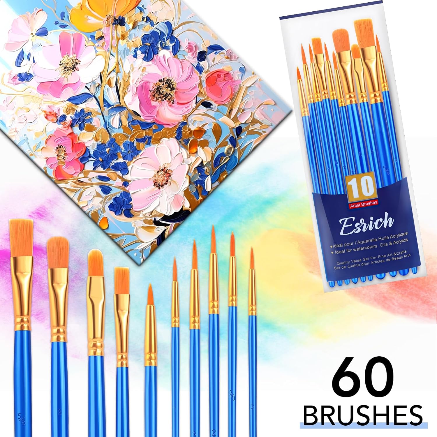 Paint Brush Set,6 Packs 60 Pcs Nylon Hair Paint Brushes for Acrylic Painting,Artist Paintbrushes for