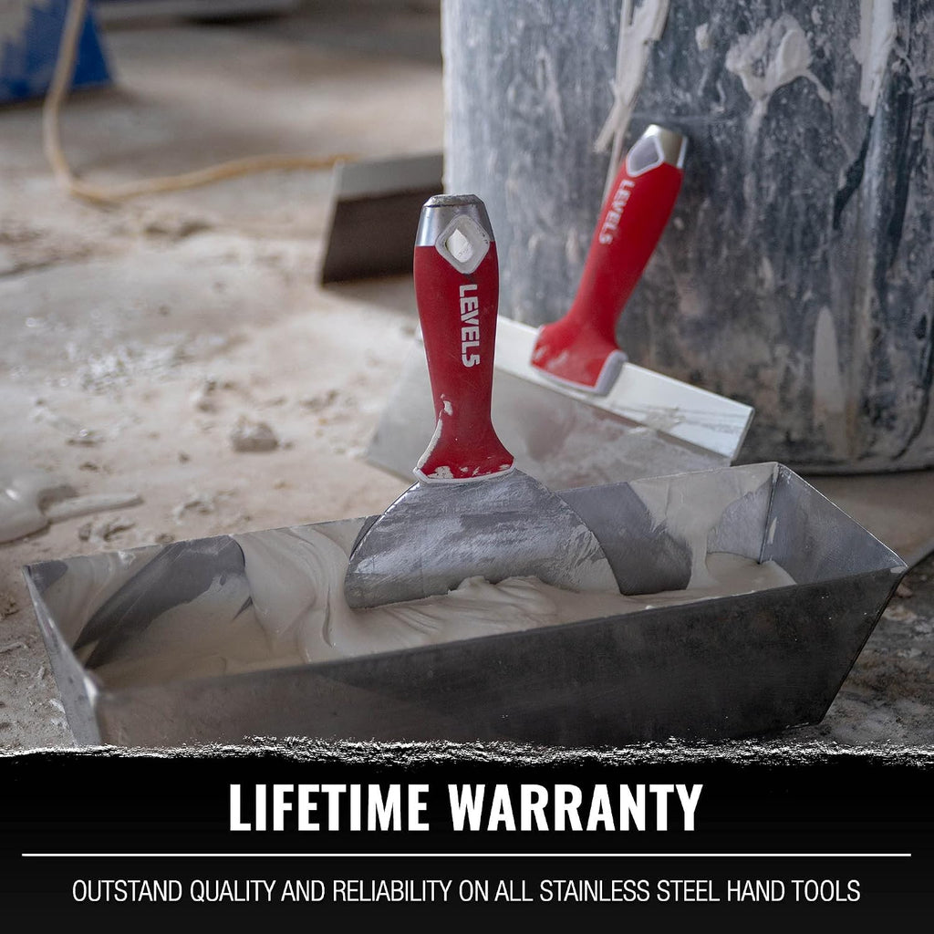 Drywall Finishing Hand Tool Kit | 5, 6 Inch Joint Knives, 10, 12 Inch Taping Knives, 14 Inch Mud Pan | Stainless