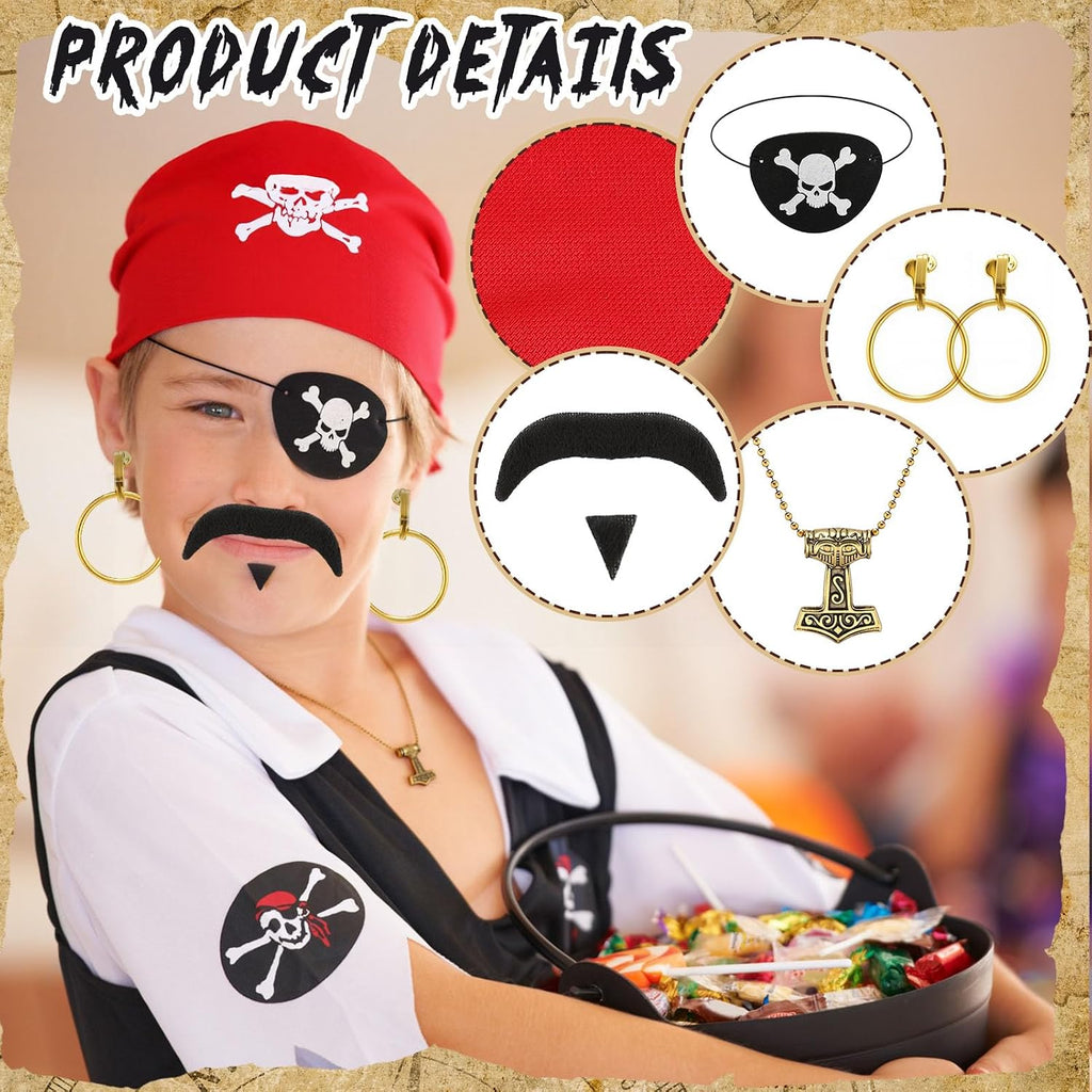 Pirate Costume Accessories Set for Women Men | Captain Hat, Bandana, Eyepatch, Earring, Necklace, Beard Wig, Dress Up