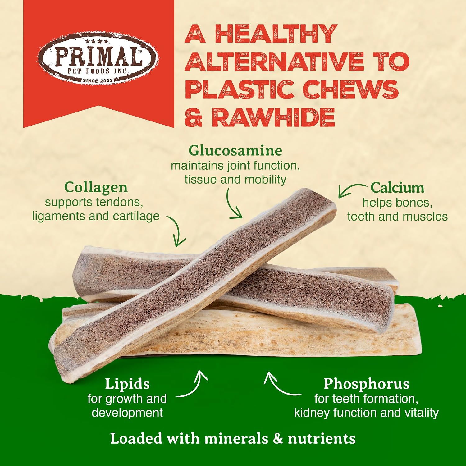 Primal Antlers for Dogs, Grade A Split Elk Antlers for Large Canines 30-45 lb, Natural Chews for Aggressive Chewers