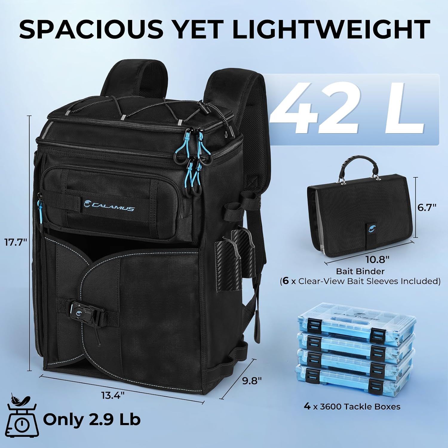 GearMaster Tackle Backpack with Bait Binder, Large Lightweight Water-Resistant Fishing Bag, Rod Holders, Food Storage