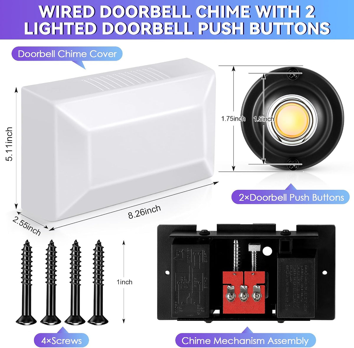 Wired Doorbell Chime Kit, 2 Pack Black Round Metal Doorbell Buttons with Chime Box for Front and Rear Doors, 2 Sounds