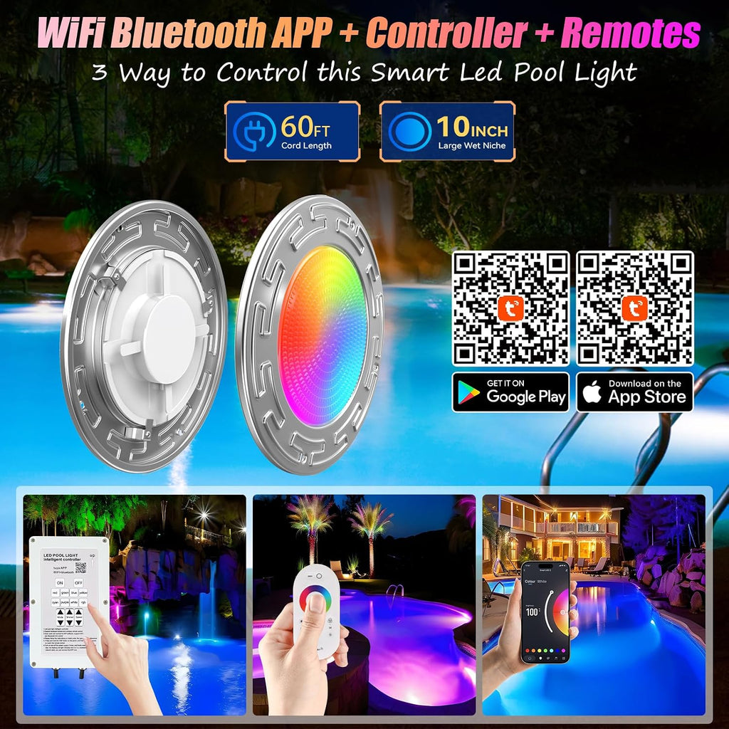 60Ft 6Inch WiFi Spa Led Pool Lights for Inground Pool with Triple Control (Remote/APP/Controller), 20W Muti-Color