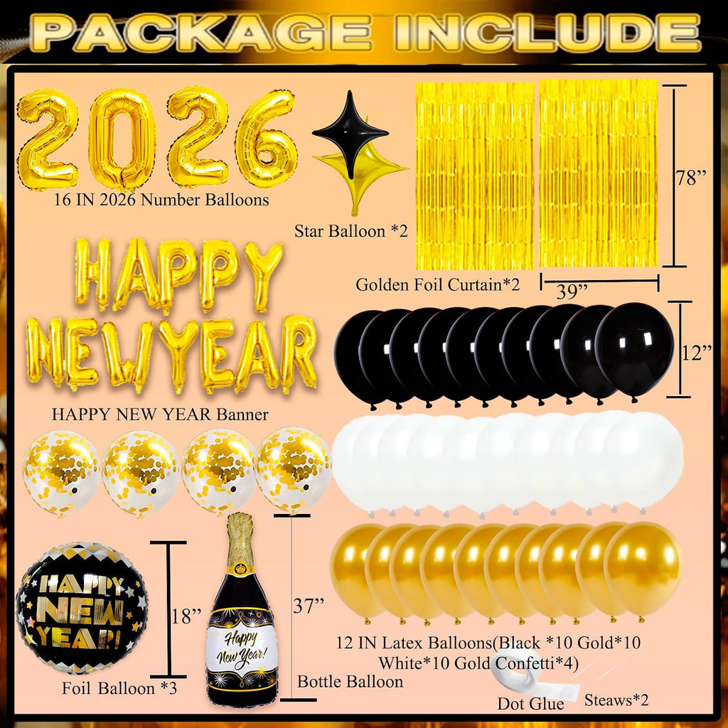2026 New Years Eve Party Supplies Set, New Year Decorations 2026, Gold Black Party Balloons Supplies Happy New Years