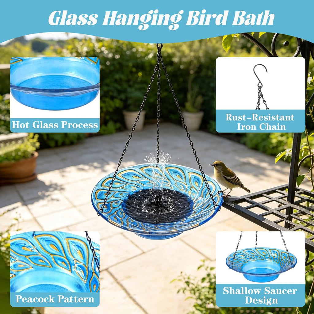 12.2" Hanging Glass Bird Bath for Outdoors, Blue Peacock Feather Pattern