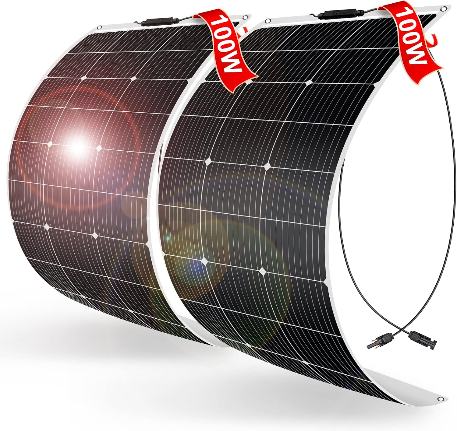 200W Flexible Solar Panels, 2-Pack, 18V, ETFE, for 12V Systems | Two 100W semi-flexible monocrystalline panels with