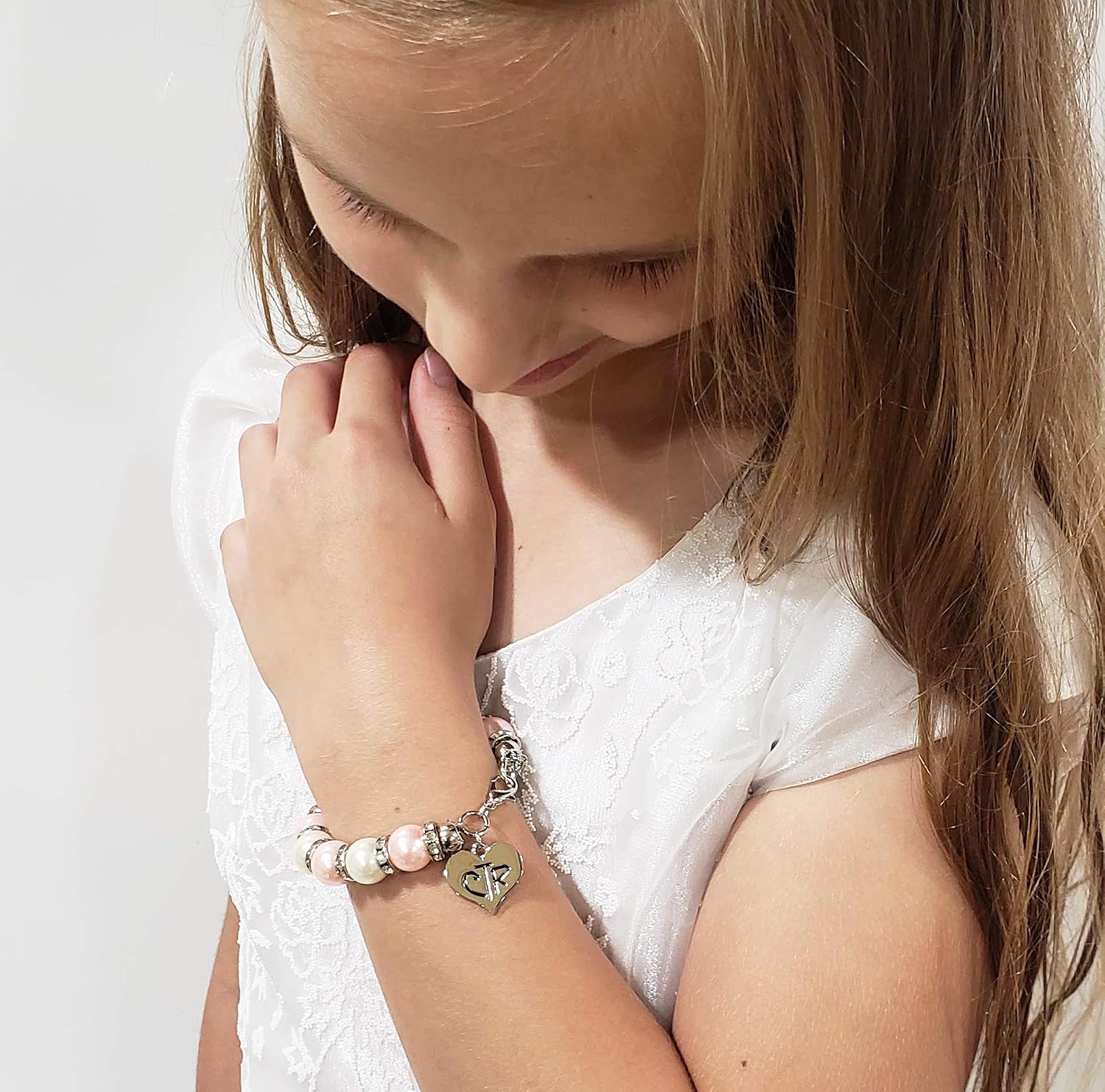 LDS Baptism Gift, CTR Charm Bracelet, Pink and White Faux Pearls with Crystals, Choose The Right Gifts for Girls
