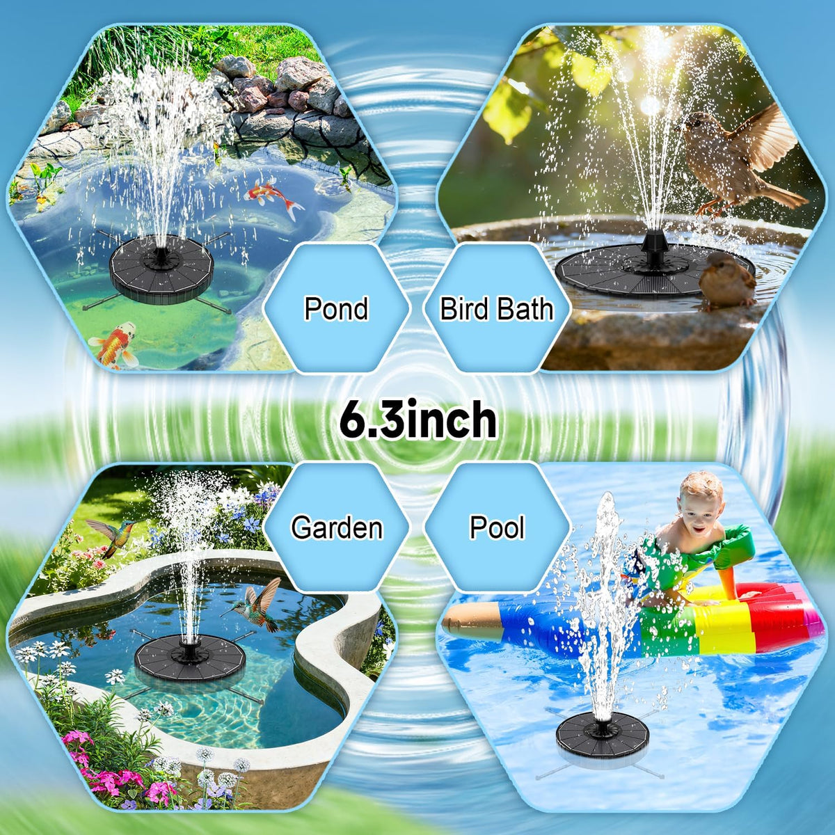 Solar Fountain, 3-Level Adjustable Water Height, 3.5W Glass Powerful Outdoor Fountain Pump with Rotating Rods & 7