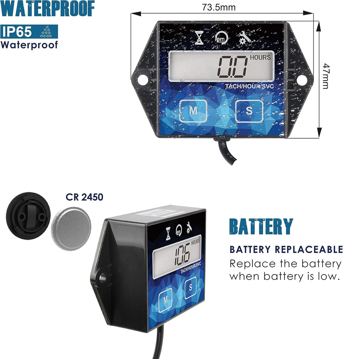 Runleader RL-HM011F Digital Hour Meter, Small Engine Tachometer