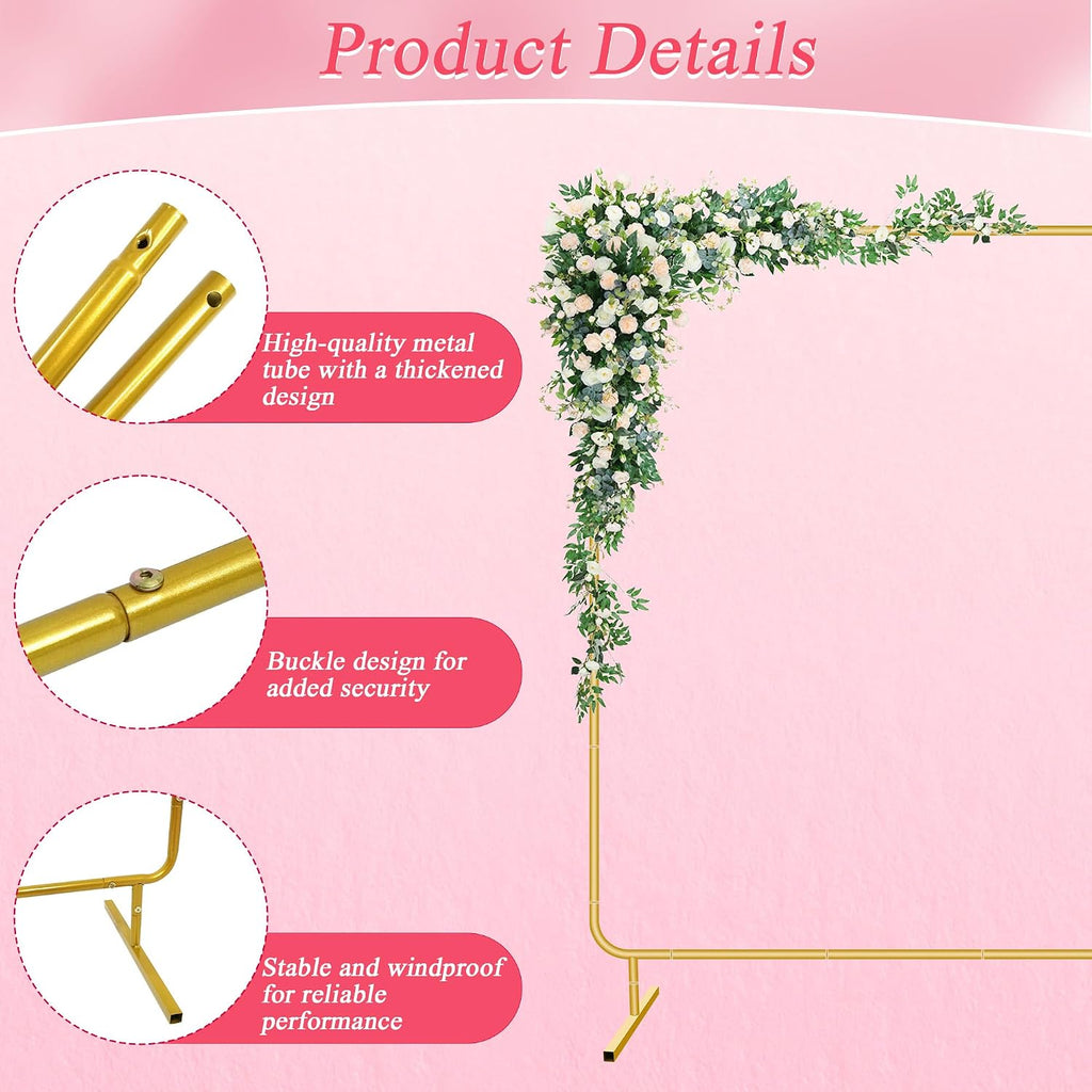 Metal Wedding Arch Backdrop Stand for Parties 6.6FT Gold Balloon Arch Square Frame Kit Pipe and Drape Stand Floral