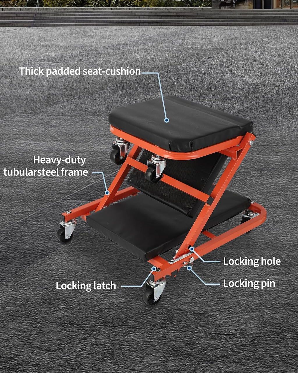 2-in-1 Folding Z-Style Mechanic Creeper Seat – Heavy Duty Garage Workshop Chair – 6 Swivel Wheels – 330 lbs Capacity