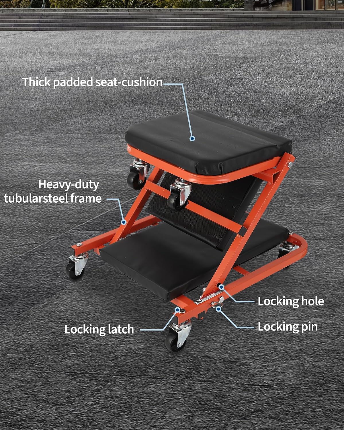 2-in-1 Folding Z-Style Mechanic Creeper Seat – Heavy Duty Garage Workshop Chair – 6 Swivel Wheels – 330 lbs Capacity