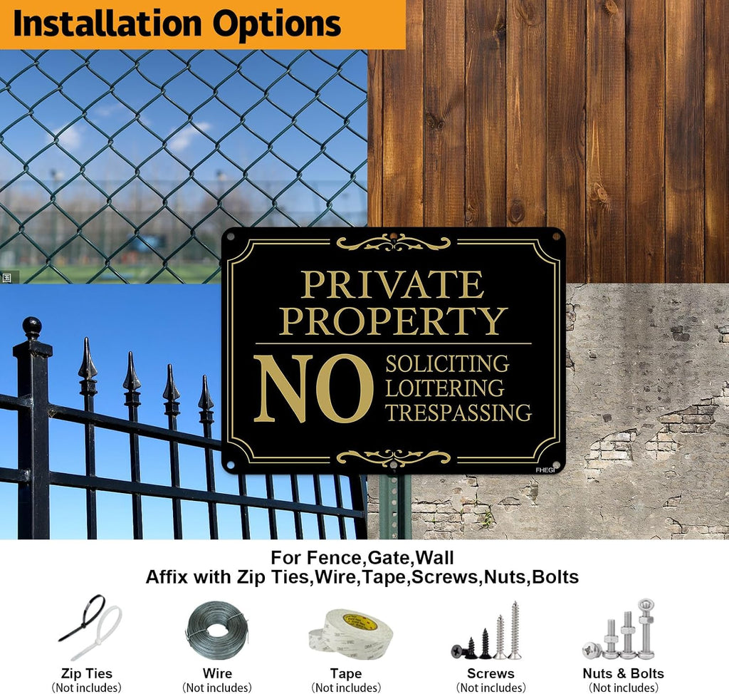 Private Property Sign, No Soliciting/No Loitering/No Trespassing/Warning Metal Signs, 2 Pack10 x 7 Inches Rust Free