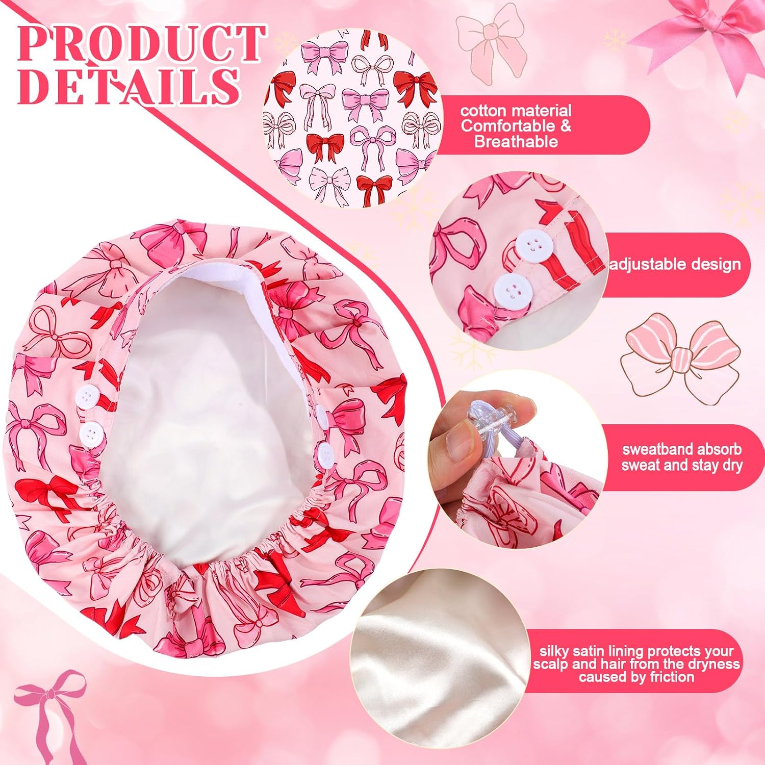 6Pcs Satin Lined Scrub Cap Women Surgical Nurse Cap Ponytail Adjustable Tie Back Girly Nursing Working Hat with Button