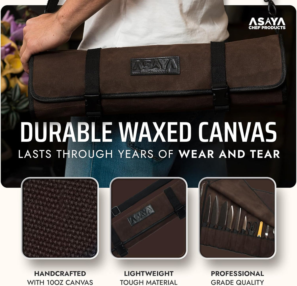 Waxed Canvas Chef Knife Roll Bag with 10 Slots and a Zipper Pocket - Professional Chef Knife Bag & Storage Case, with