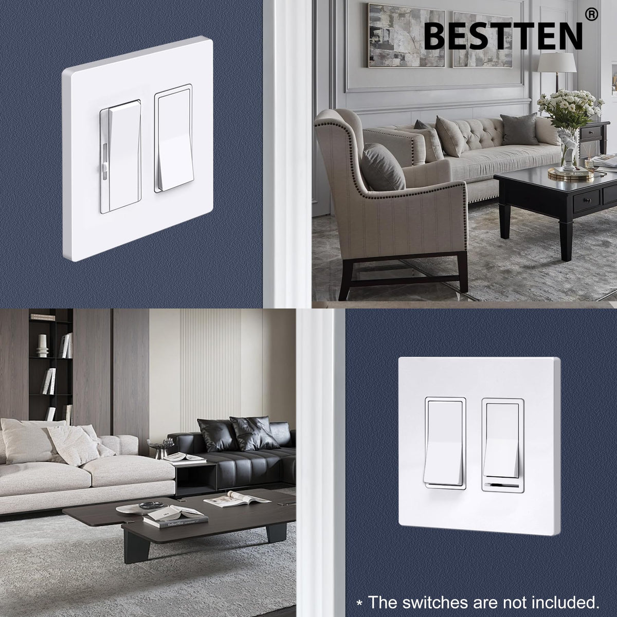 BESTTEN 5 Pack Screwless Decorator Wall Plate, 2 Gang Decorative Outlet Cover, USWP6 Gloss Snow White, H4.69” x W4.73”, Faceplate Cover for Receptacle Outlet & Switch