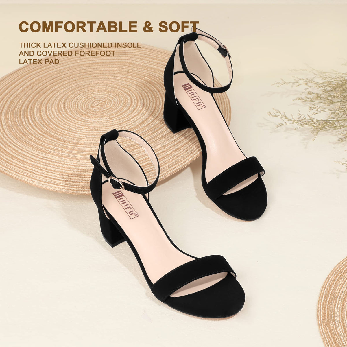 Women's Cookie-LO Low Block Heels Chunky Sandals Ankle Strap Wedding Dress Pump Shoes(Black Nubuck, 9)