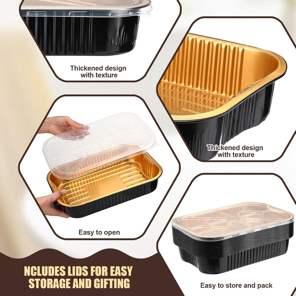 20 Set Heavy Duty Aluminum Foil Pans with Lids 9x13, Black Gold