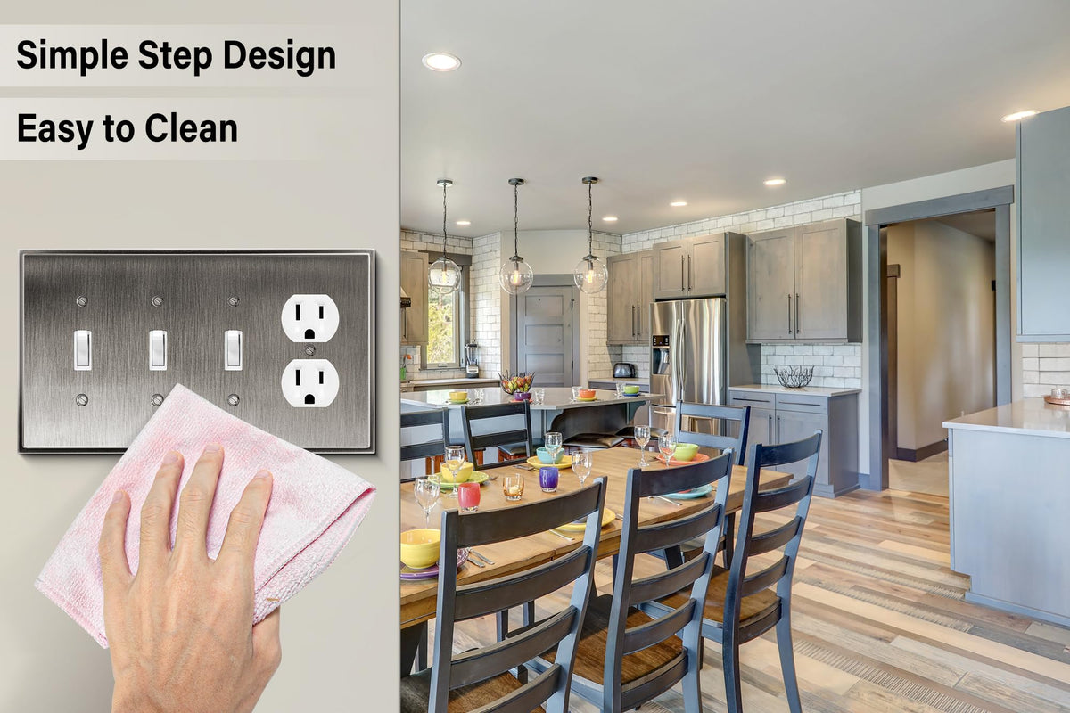 Henne Bery Soft Modern Decorative Wall Plate Switch Plate Outlet Cover (Triple Toggle/Single Duplex, Heirloom Silver)