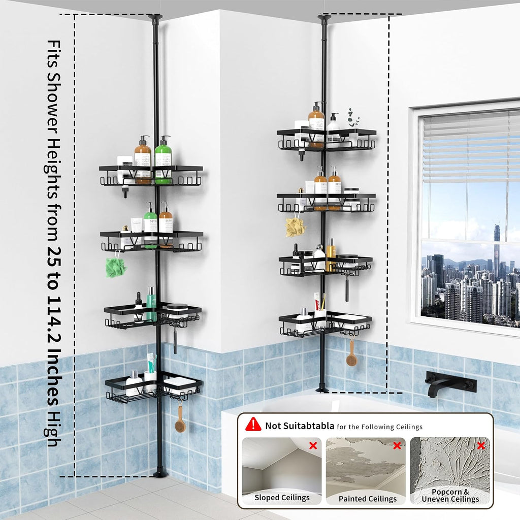 Corner Shower Caddy Tension Pole, Large Capacity Bathroom Organizer | 28 Hooks with Soap and Razor Holders, Heavy