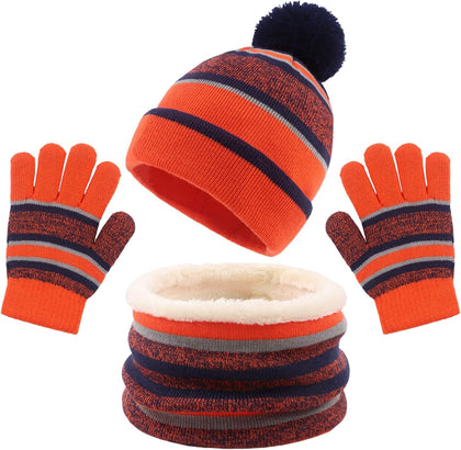 Winter Kids Hat Scarf Glove Set Knit Fleece Lined Beanie Neck Warmer Mittens for Toddler Boys Girls 3-8 Years