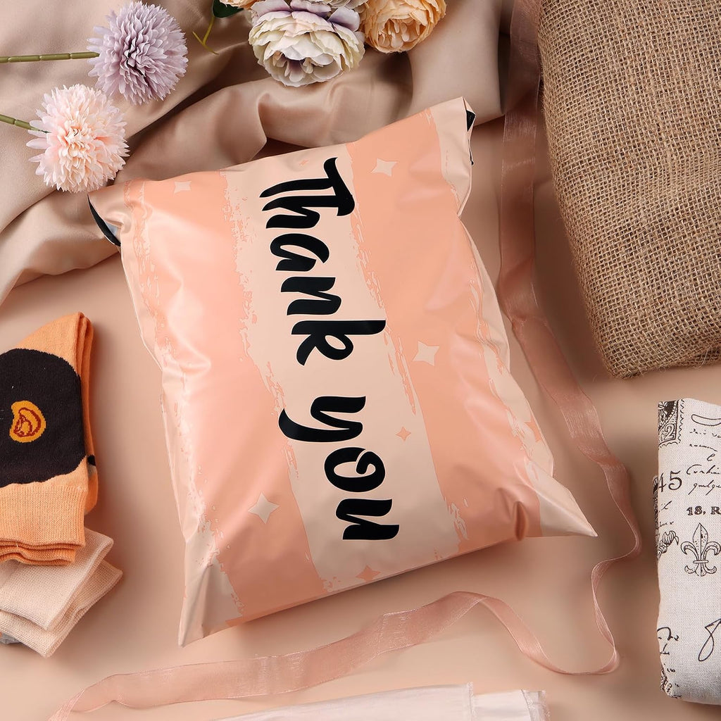 10x13 Inch Poly Mailers, Peach Pink Thank You, 100 Pack Self Sealing