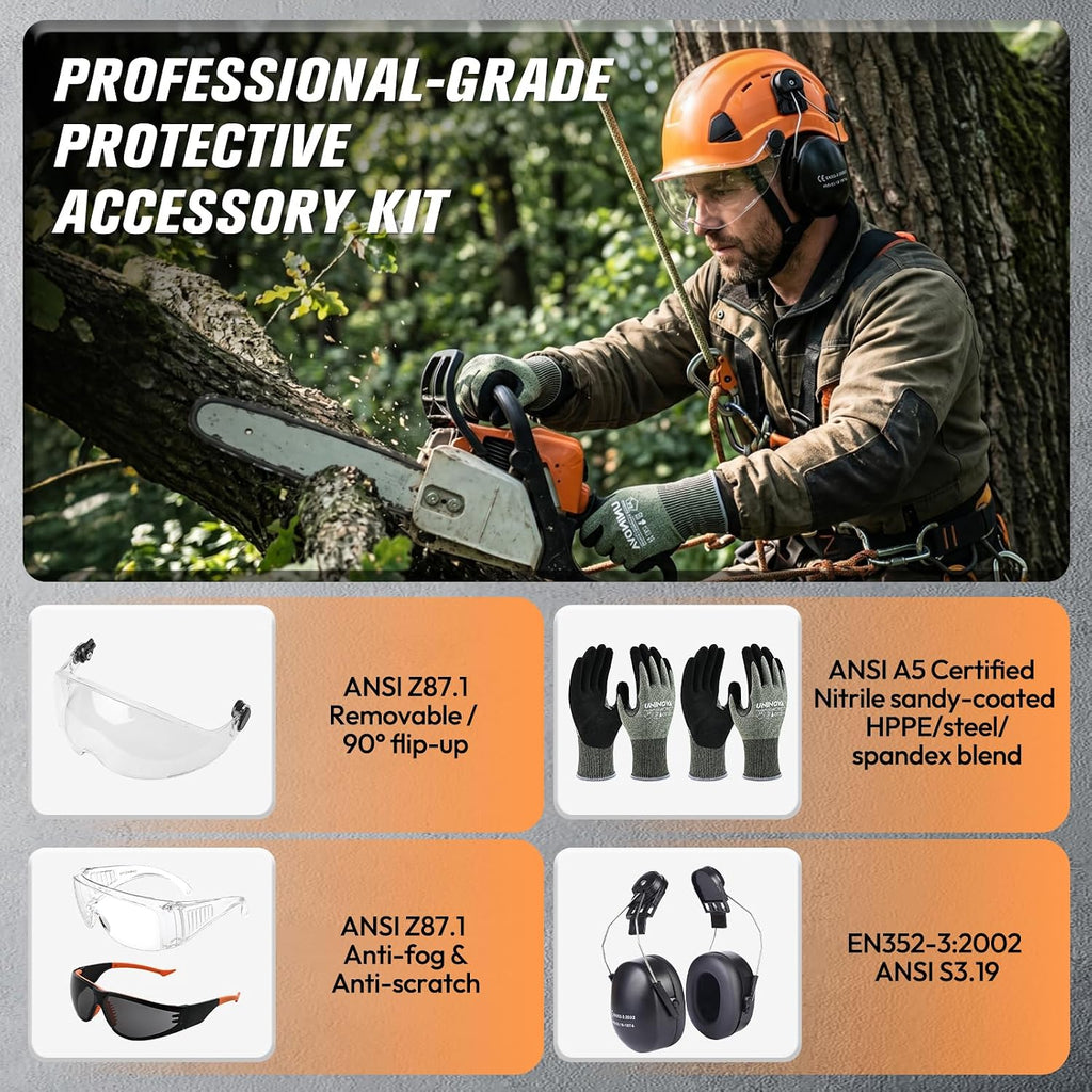 Arborist Helmet Kit with Visor, Earmuffs, A5 Gloves & Glasses | Vented Climbing Hard Hat for Landscapers, Brush